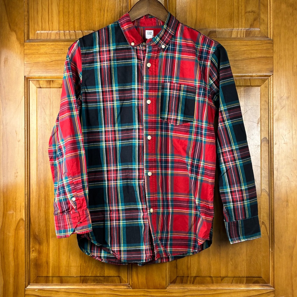 Gap Kids Mixed Plaid Colorblock Button Down Shirt XXL 14/16 Red Green Navy
